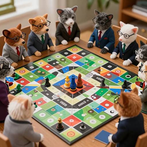 Digital illustration of six anthropomorphic cats in business suits playing a colorful board game at a wooden table. Cats wear glasses, and the game board features vibrant