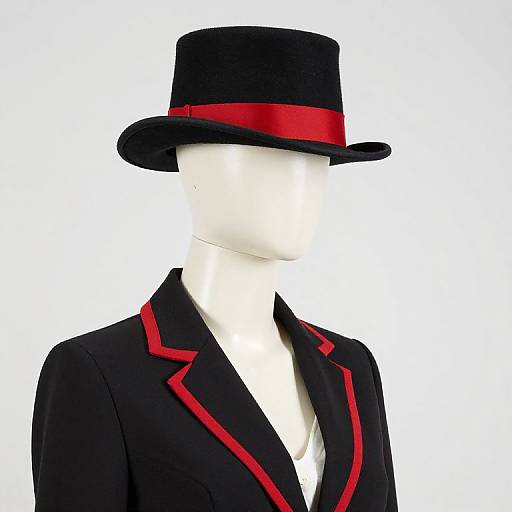 Photograph of a faceless white mannequin wearing a black top hat with red band, and a black jacket with red trim.