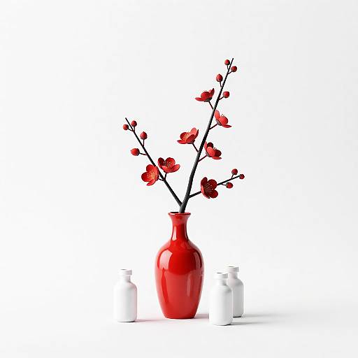 Glossy Red Vase with Crimson Flowers