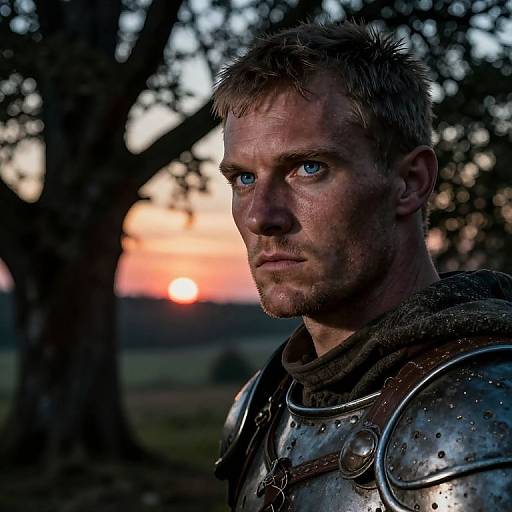 Photograph of a serious, blue-eyed, blond-haired man in medieval armor standing in a forest at sunset, with a glowing orange sky behind him.