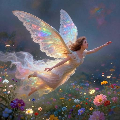 Magical fairy with iridescent wings, flowing white dress, and glowing aura, flies gracefully over a vibrant, colorful meadow of flowers.