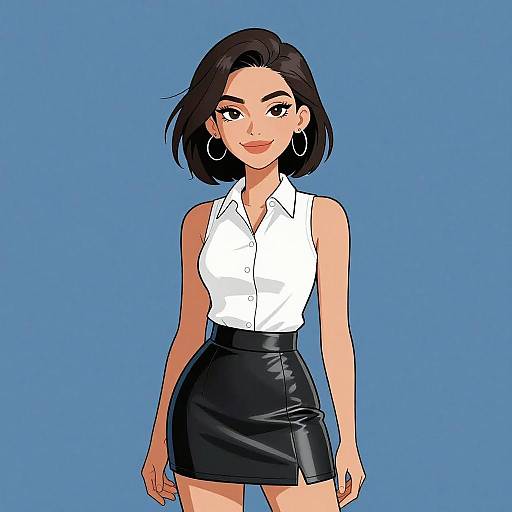 Digital anime-style drawing of a smiling woman with short black hair, wearing a white sleeveless blouse and black leather skirt, against a solid blue background.