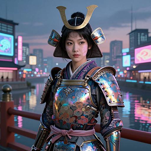 Digital art of an East Asian woman in vibrant, metallic samurai armor with floral patterns, standing by a neon-lit river at dusk, cityscape