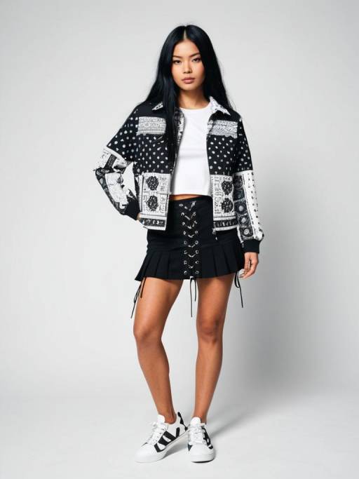 Woman in Black and White Bandana Print Urban Streetwear