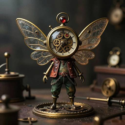 Steampunk clock fairy sculpture with intricate gears, transparent wings, red top hat, green pants, and red vest, standing on a metal base.