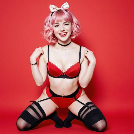 Joyful Woman in Red Lingerie and Pink Hair Kneeling Joyful Woman in Red Lingerie and Pink Hair Kneeling