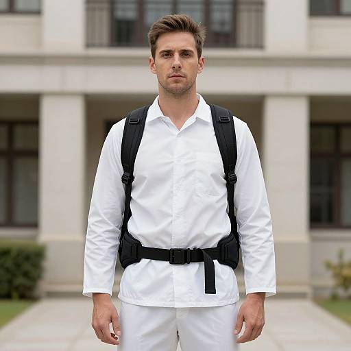 Photograph of a serious-looking man with short brown hair, wearing a white martial arts uniform, black backpack, and belt, standing in front of a