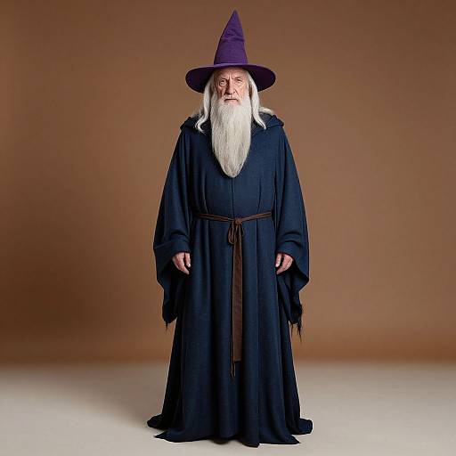 Photograph of elderly white man with long white beard, wearing black wizard robe and purple pointed hat, standing against brown background.