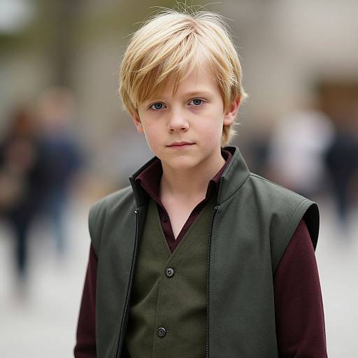 Photograph of a young boy with blonde hair, fair skin, wearing a dark green vest over a burgundy shirt, standing outdoors with a blurred crowd