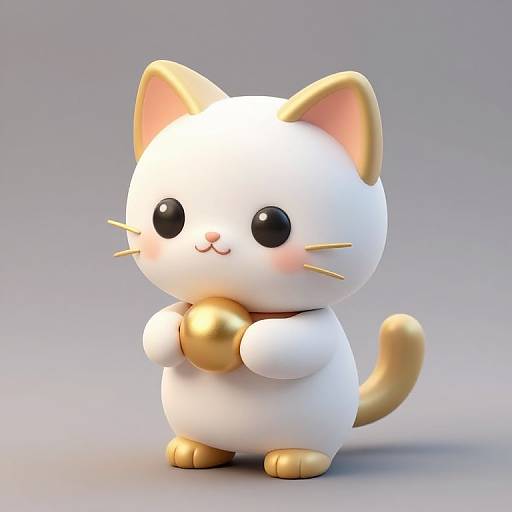 Cute, white, cartoon-style cat with gold ears, paws, tail, and bell, holding bell, standing against a gray gradient background.
