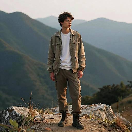 Photograph of a young man with curly hair, olive jacket, white tee, brown pants, and black boots, standing on a rocky mountain peak,
