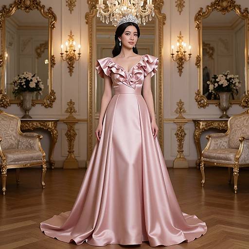 Photograph of a beautiful woman in a pink satin ball gown with ruffled shoulders, standing in an ornate, gold-accented room with ch