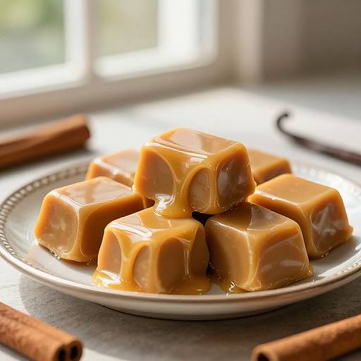 Photograph of glossy, caramel-colored fudge cubes stacked on a white plate, with blurred cinnamon sticks in the background.