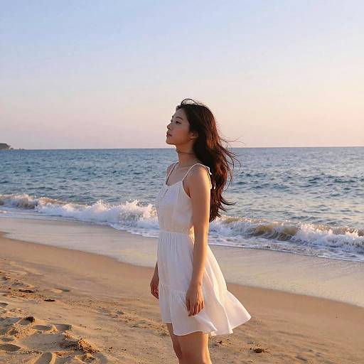 Photograph of an Asian woman with long black hair in a white sundress standing on a sandy beach at sunset, waves gently touching the shore.