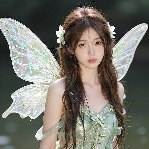 Photorealistic digital art of a beautiful East Asian fairy with long brown hair, white flower hairpiece, translucent wings, green dress with floral accents,