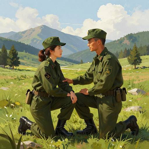 Digital painting of two uniformed soldiers, one kneeling, the other standing, in a sunny, mountainous meadow, holding hands, with clear skies