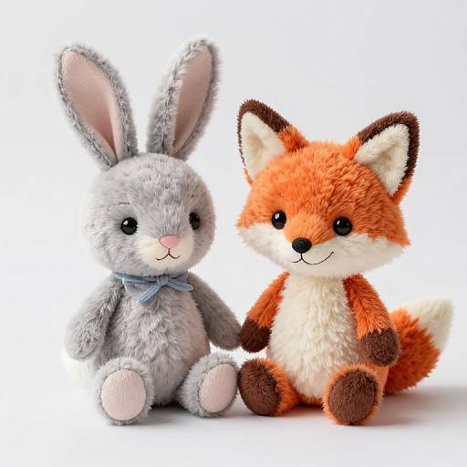 Photograph of a grey plush rabbit with a blue bow and a red-orange plush fox, both with black eyes and smiles, sitting side by side on
