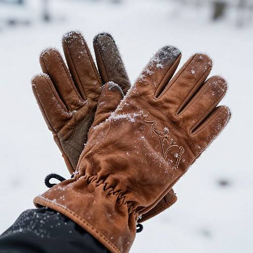 Close-up photograph of brown leather gloves with snowflakes, intricate stitching, and slightly worn texture, against a blurred white snowy background.