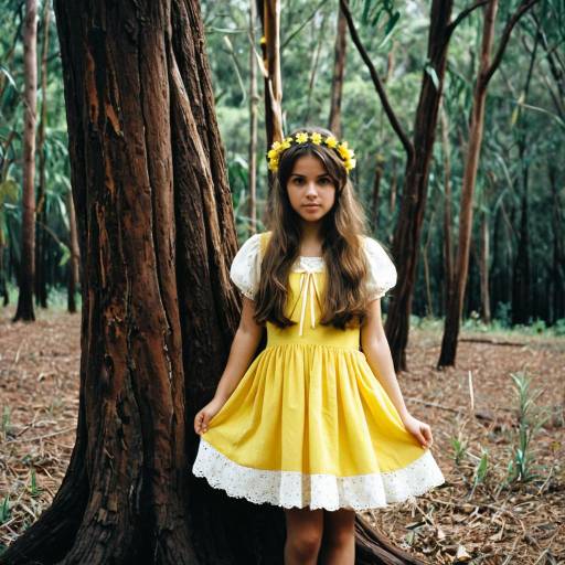 Girl in Yellow Dress Standing by Tree in Forest