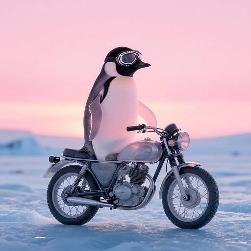 Penguin Riding Classic Motorcycle at Sunset