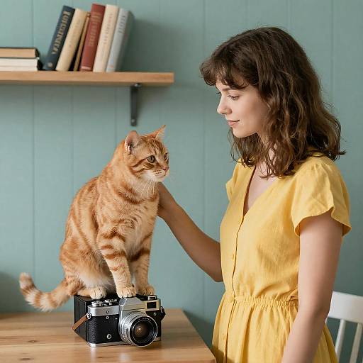 Woman in Yellow Watching Tabby on Camera