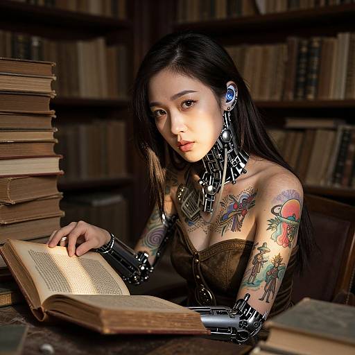 Cybernetic Woman in Futuristic Library