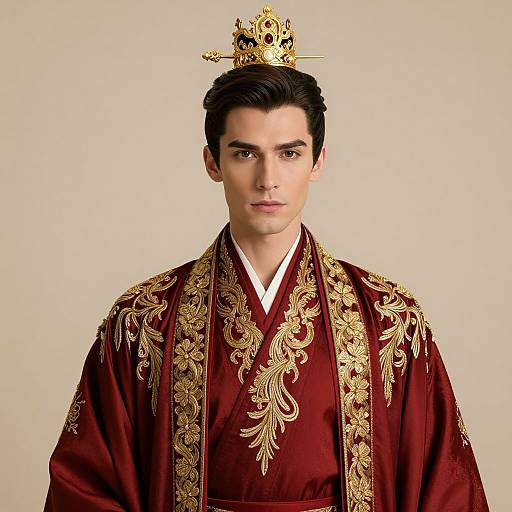 Photograph of a young man with dark hair, fair skin, wearing an ornate red and gold royal robe, and a gold crown, against a