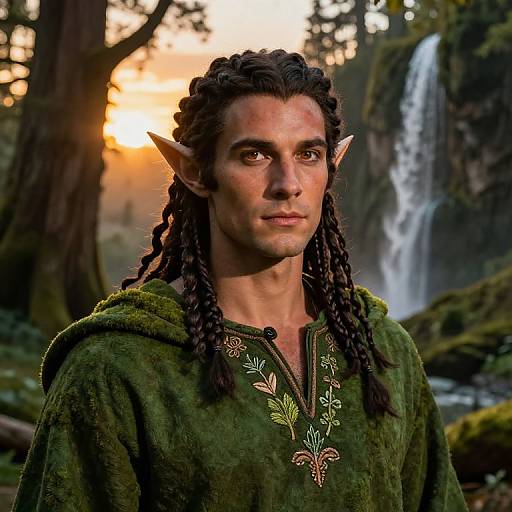 Photograph of a fantasy elf with long, dark braided hair, pointed ears, green embroidered tunic, standing in a forest at sunset with a