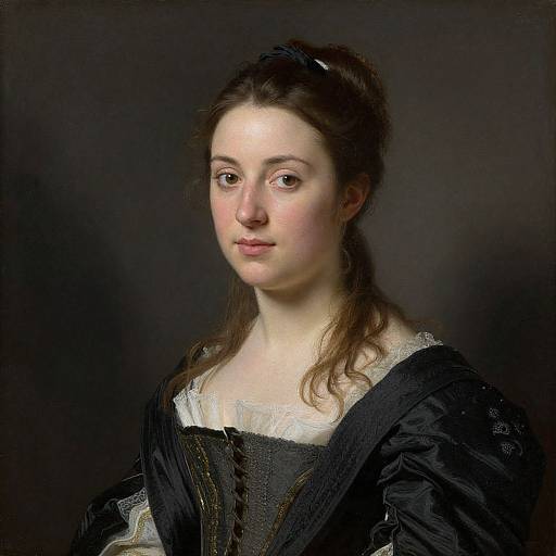 17th-century oil painting of a young woman with fair skin, brown hair, and soft expression, wearing a black dress with white lace, against a