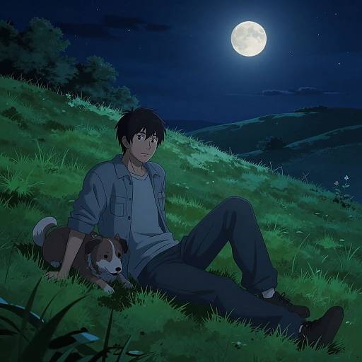Anime-style digital artwork of a young man with black hair, wearing a blue shirt and dark pants, sitting on grass at night under a full moon,