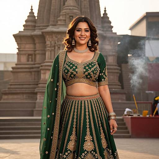 Photograph of a smiling South Asian woman in a green and gold embroidered traditional outfit, standing in front of a historic temple, with smoke in the background