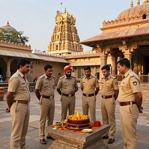 Six Indian police officers in beige uniforms stand around a ceremonial fruit tray in a historic temple courtyard with ornate architecture.