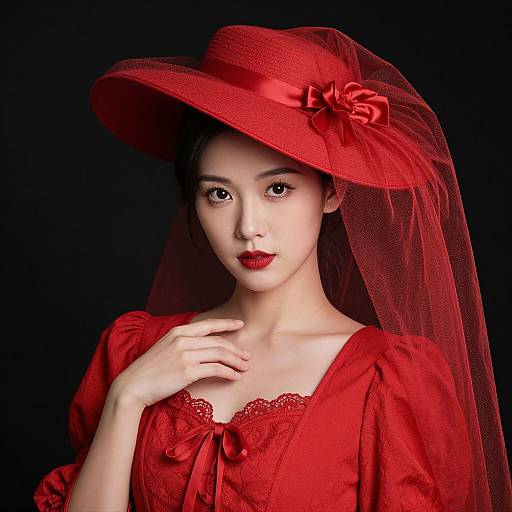 Photograph of an Asian woman with fair skin, wearing a red lace dress, red hat with veil, and red ribbon, against a black background.