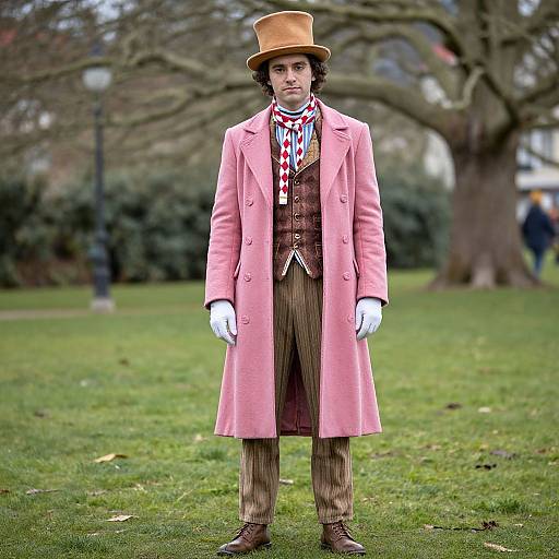 Photograph of a man in Victorian attire: brown top hat, pink long coat, brown vest, striped pants, white gloves, and colorful neck scarf