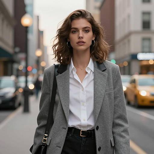 Confident Woman in Grey Blazer on City Street