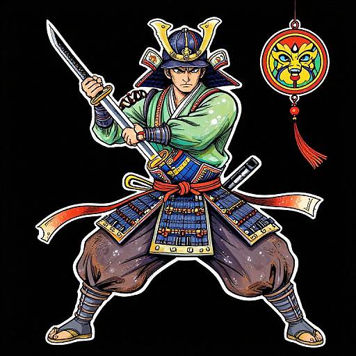 Vibrant digital illustration of a samurai warrior in green kimono, holding a sword, with blue armor, red sash, and traditional hat