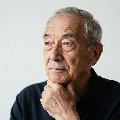 Photograph of an elderly man with wrinkled skin, short gray hair, and a contemplative expression, resting his chin on his hand, wearing a