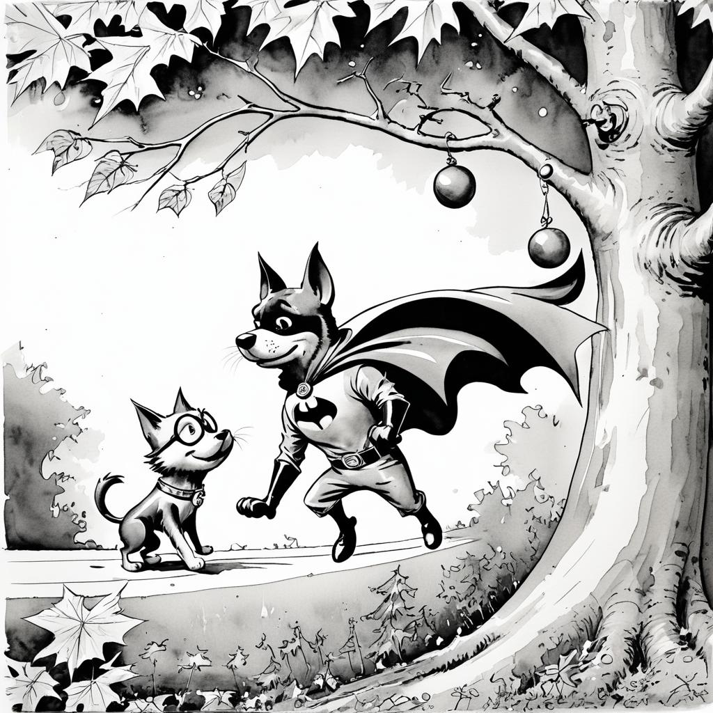 Whimsical Superdog and Cat Rescue Scene