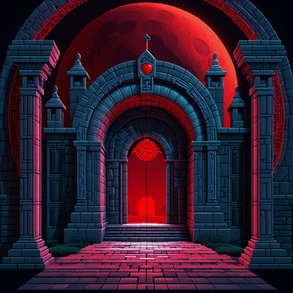 Surreal Low Poly Crypt with Red Moon