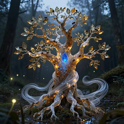 Fantasy CGI tree with glowing blue center, golden leaves, and ethereal white roots in a dark, misty forest.