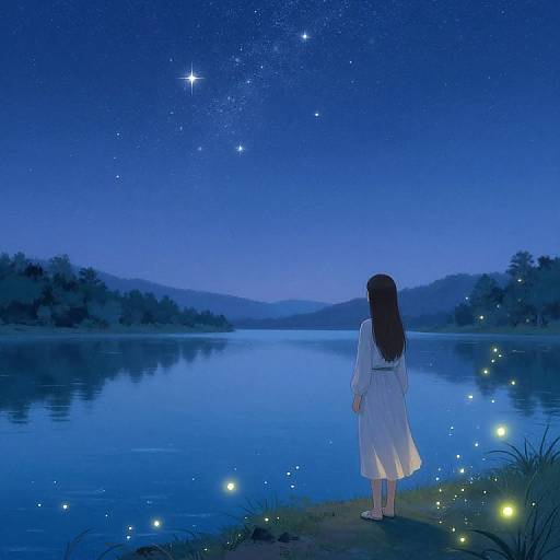 Girl by Lake Under Starry Sky