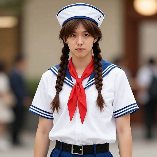 Photograph of an Asian woman in a traditional Japanese schoolgirl sailor uniform with a white hat, red neckerchief, and braided hair, standing