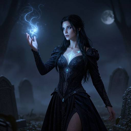 Digital art of a dark-haired, fair-skinned woman in a black, gothic dress, holding glowing blue magic in a moonlit, graveyard night
