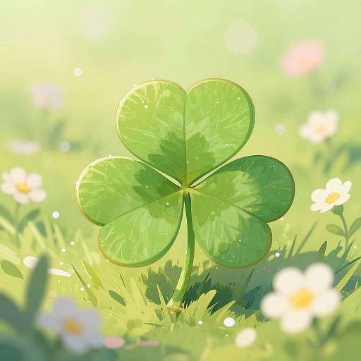 Digital illustration of a vibrant green clover with detailed leaf textures, centered in a sunlit meadow of green grass and white daisies, with