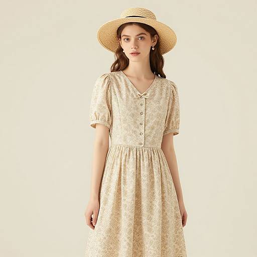 Woman in Floral Dress with Straw Hat