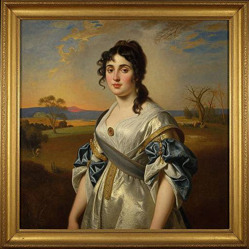 Neoclassical portrait of a pale-skinned woman with dark curly hair, wearing a silver and blue embroidered dress, set against a sunset landscape.