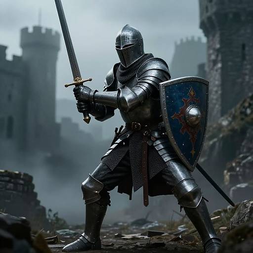 Photorealistic digital artwork of a armored knight with helmet, holding sword and shield, standing in a misty, ruined medieval castle.