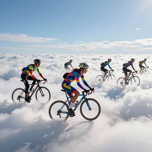 Photograph of five cyclists in colorful, tight-fitting jerseys and helmets riding bicycles through a bright, cloudy sky, appearing to float above the clouds.