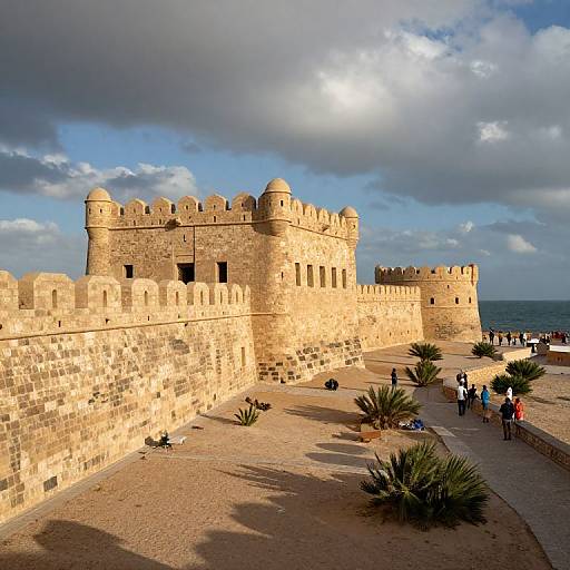 Photograph of a sunlit, beige stone medieval castle with crenellated walls, surrounded by a sandy path, small plants, and visitors under