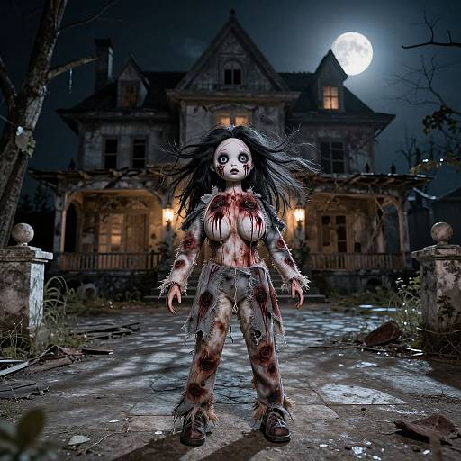 Photograph-style CGI of a blood-stained, zombie-like woman with long black hair, tattered clothes, and a pale face, standing in front